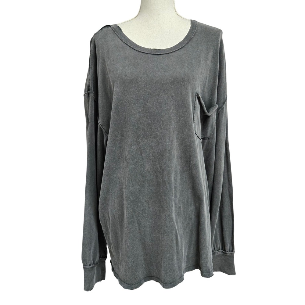 We The Free Free People Charcoal Grey Long Sleeve Pocket Tee Cotton Women's XL